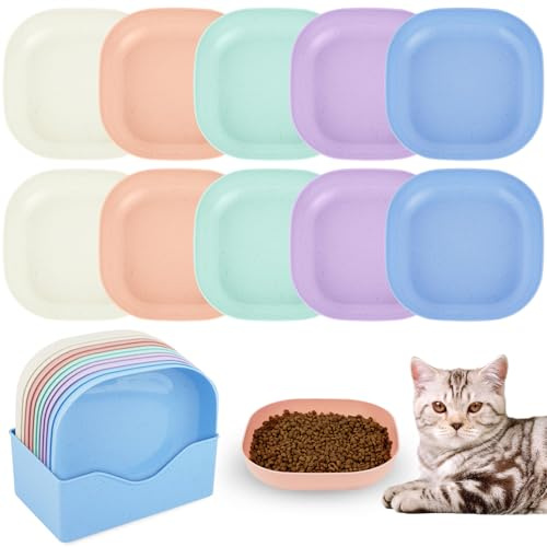 Alaoo Gamelle Chat Set 10 Pièces, Mangeoirs Abreuvoirs Plats Colorés | Gamelle Plate Colorée pour Chiots et Chats, Mangeoirs Abreuvoirs