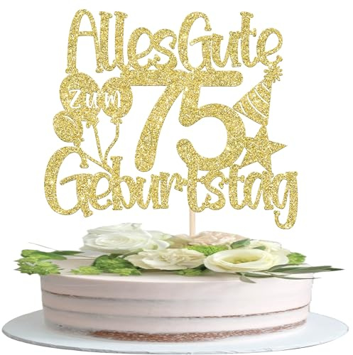 1 Stück Alles Gute zum 75 Geburtstag Tortendeko 75th Luftballon Hut Muster Kuchen Deko Happy Birthday Cake Topper für 75th Geburtstag Jahrestag Party Kuchen Dekoration Gold