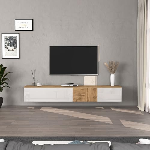 WHOUS Mobile Porta TV Sospeso ISEO per Soggiorno con 2 Ante e 1 a Ribalta, Mobile Tv a Parete per Salotto, 200x35x30 cm, Bianco Lucido e Rovere