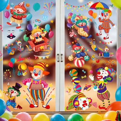 Fensterbilder Selbstklebend Fasching, 108 Fenster Fasching Deko Fensterbilder Clown, Statisch Haftende Zirkus Karneval Deko Fensterbild Karneval Wiederverwendbar Kinderzimmer Fensterdeko