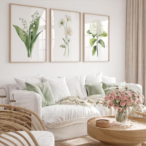 3er Poster Set, Lilie, Gänseblümchen & Hortensie, Blumen Aquarell Wandkunst, Für Wohnzimmer Schlafzimmer Büro Flur Wanddeko Kunst, Ohne Rahmen (50x70 cm)
