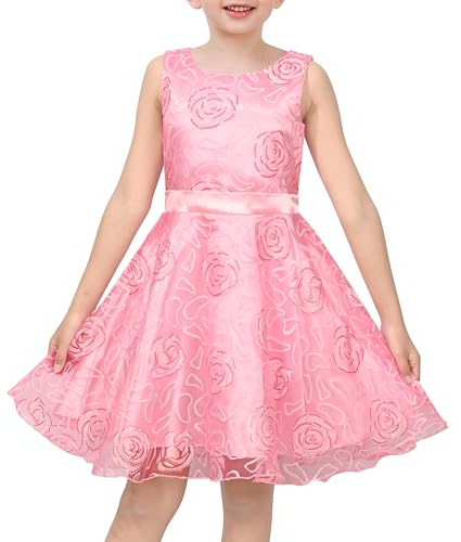 Sunny Fashion Mädchen Kleid ES Mit Rosa Organza Rose Jacquard Ärmellos Knie Länge Prinzessin Hochzeit Party Kleider Zum Mädchen,Pinke Blume,116