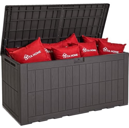 YITAHOME 450L Auflagenbox Wasserdicht, Große Gartenbox mit Schloss & Gasdruckfeder, Kissenbox mit Sitzfunktion bis 200 kg, Wetterfeste Resin Gartentruhe, UV-beständig & Belüftet, Dunkelbraun