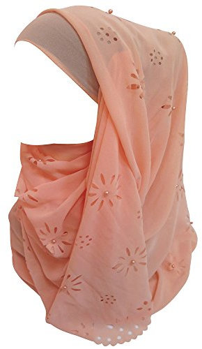 Lina & Lily Chiffon Hijab Kopftuch Schal mit Blumen und Perlen für muslimische Frauen (Pfirsich)