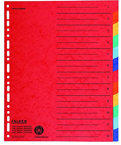 20x Original Falken Karton-Register überbreit für DIN A4+ 24,5 x 30 cm volle Höhe mit Organisationsdruck 12-teilig vollfarbig 2 x 6 Farben zur Ablage von Prospekthüllen