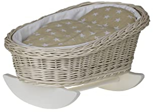 e-wicker24 Alles aus Weide White Wicker Dolls Cot Vintage Dolls Cradle Doll Bed Handmade Cot for Dolls Baby Doll Crib Retro Style White Doll Bedding-Wooden Rocking Cradle Rocking Berceau en osier