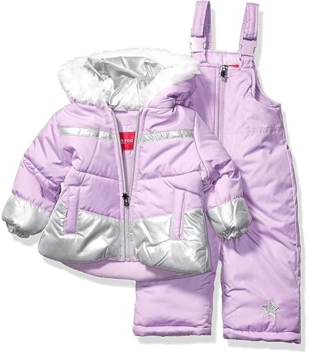 London Fog Girls' Two-Piece Winter Snowsuit Skibib and Fleece Lined Puffer Jacket, Violet Silver Foil, 5/6