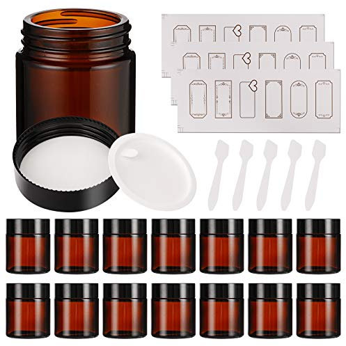 15 Pack 4 oz Amber Glass Jars with Lids, Round Empty Containers for Scrubs, Lotions, Cosmetic, Ointments and Butters, Travel Storage Jar with White Inner Liners £¬Black Lids, lables and Spatulas