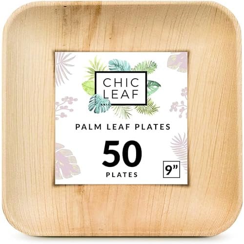 Chic Leaf Bamboo Plates - 9 Inch Square Party Pack (50 Pc) - Heavy Duty Compostable Plates - Better Than Plastic and Paper