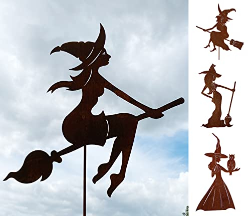 Gartenfigur Junge hübsche Hexe auf Besen fliegend groß 60x58cm + Stab Gartenstecker Edelrost Gartendeko Wetterfest Rost Metall Rostfigur Halloween Figur von Steinfigurenwelt