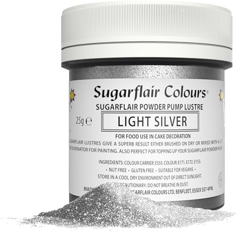 Sugarflair Light Silver Edible Glitter Dust Powder Pump Refill Tub - Food Colouring Powder, Edible Colour Dust, Brush On, Spray, or Add Rejuvenator to Create Eye-Catching Paint Effect - 25g