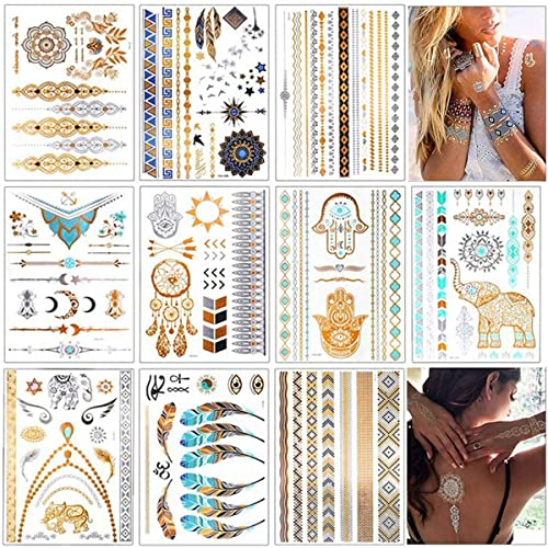 Tätowierung Wasserdicht Metallic Temporäre Tattoo 10 sheets in Gold Silber Aufkleber Körper Gefälschte Schmuck Tattoos Über 200 Designs,Festival Tattoos für Arme Brust Rücken Beine