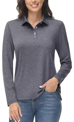 MAGCOMSEN Womens Long Sleeve Polo Shirts Casual Sports Gym Training Running Work T-Shirt UPF 50+ Sun UV Tops Breathable Comfy Dark Grey