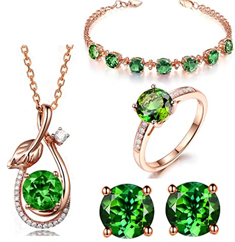 AMDXD Schmucksets 5STK, Y-Kette Damen Blatt Anhänger Rose Vergoldet Verlobungsring Damen & Ohrringe Damen & Armbänder Damen mit Grün Zirkonia - Rose Gold