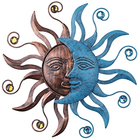 MUMTOP 33,26 cm Metall Sonne Mond Wanddekoration, inspirierende Wandskulptur, hängende Dekorationen, Kunst für drinnen und draußen, Zuhause, Wohnzimmer, Büro, Hof, Garten