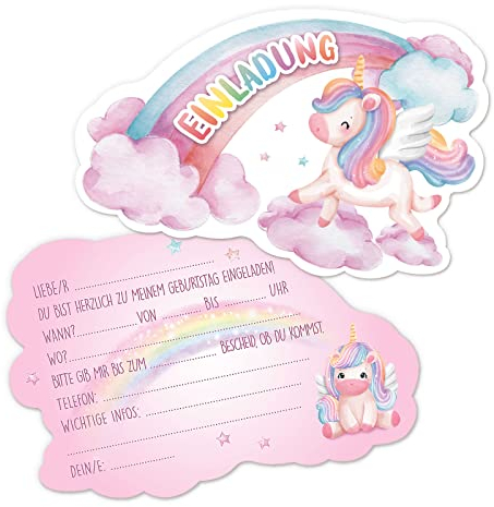 GEBETTER 12 Einhorn Regenbogen Einladungskarten zum Kindergeburtstag 14 x 9 cm Geburtstag Party Einladung Einschulung für Mädchen und Jungen Geburtstagseinladungen Kinder Geburtstagsfeier Kinderparty