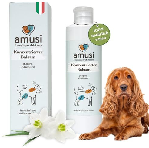 amusi Balsam für Hunde mit langem Haar, 250 ml, hergestellt in Italien, Hunde Conditioner Langhaar mit entwirrender Wirkung, antibakteriell und hautschützend, hypoallergen, mit veganem pflanzlichem