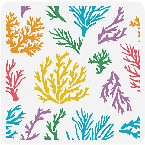 BENECREAT Korallenschablone, 30x30cm Wiederverwendbare Plastikschablonen Meereskorallenmuster Malvorlage Für Journaling Room Decor DIY Craft Project