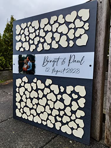 Personalisiertes 3D Gästebuch mit 60 Herzen aus echtem Holz und Acrylfoto - selbst gestalten - Gästebuch Alternative - Für Hochzeit und andere Anlässe (Anthrazit, 100 Herzen (60x75cm))