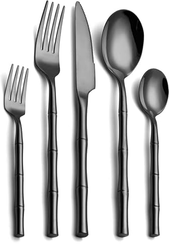 Vajilla Juego de Cubiertos con Mango de bambú de 30 Piezas Juego de Cubiertos Cuchillo para bistec de Acero Inoxidable Juego de Tenedores para Servir a 6 Personas Lavavajillas Servicio de Cena dispo