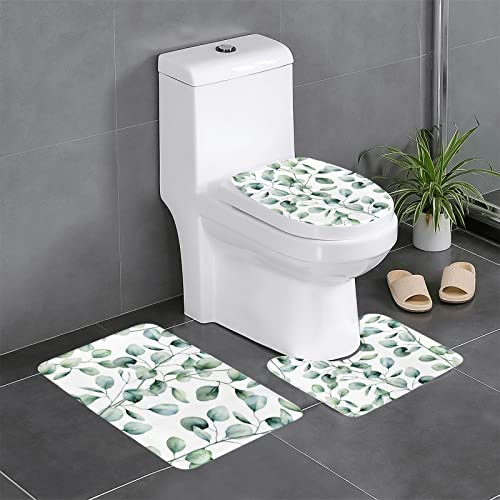 OTRAHCSD 3 Stück Badvorleger Set, Eukalyptus Blätter Badteppich Badvorleger + Konturmatte + WC-Deckelbezug mit rutschfester Klebefläche