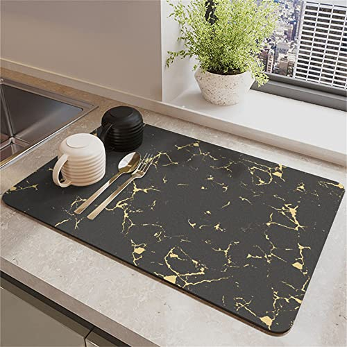 Morbuy Abtropfmatte Geschirr, Schnelltrocknend Kaffeemaschine Abtropfmatte, Saugstarke Trockenmatte, rutschfest Abtropfmatte Spüle, Waschbar Kaffeematte für Küche Café (40x60cm,Goldener Marmor)