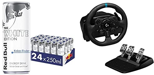 Red Bull Energy Drink White Edition - 24 Pallet Cans + Logitech G923 Trueforce Gaming Racing Steering Wheel with Pedals, Power Feedback up to 1000 Hz - Black, Compatible with Playstation 5