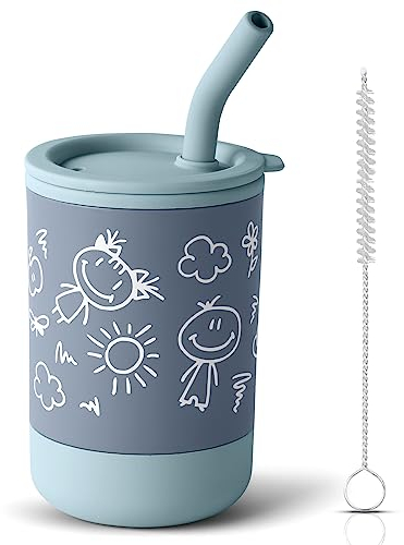Vicloon Vaso de Silicona para Bebés con Pajita, Aprendizaje Antiderrames, Tapa y Cepillo - Taza de Entrenamiento para Sorber para Niño Pequeño
