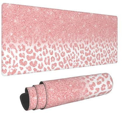 Sweetshow Tapis de souris de jeu rose doré rose, 80 x 30 cm, XL, imprimé léopard, pour ordinateur portable, base en caoutchouc antidérapant avec bords cousus pour la maison et le bureau