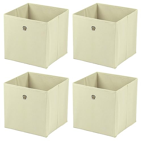 Taylor & Brown Set of 4 Large Foldable Square Storage Cubes, Fabric Organiser Canvas Cube Boxes Collapsible for Home, Bedroom, Nursery Office, Playroom Toys, 30x30x30cm (Beige)