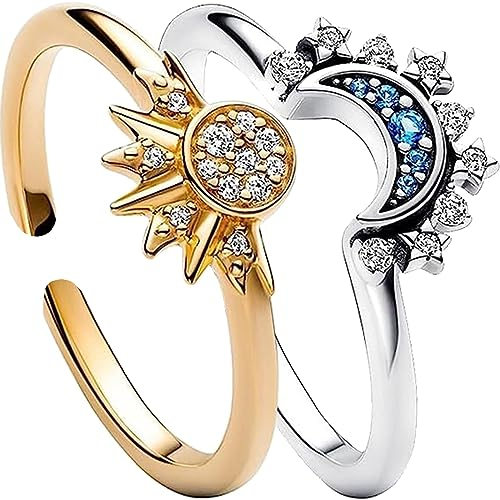 GAUEIOUR Celestial Sun and Moon Overlay Ring,Sun and Moon Shining Together Design Feeling Layered Women's Ring,Diamond Set Open Ring