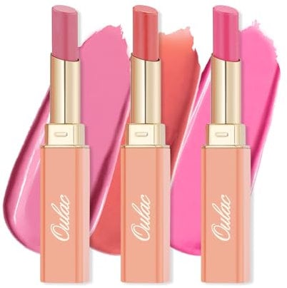 Oulac Moisture Shine Lipstick Set - Pink & Peach Lipstick, Tinted Lip Balm for Dry Lips | Juicy Finish, 90% Essential Oils, Vegan, Cruelty-Free & Gluten-Free (04/06/07)