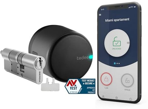 tedee Go Smart lock mit Euro Zylinder 30-61/30mm und Bluetooth, App, smartes Türschloss verwandelt Ihr Smartphone in einen Schlüssel, elektronisches Schloss Sicherheit mit AV-TEST, Schwarz