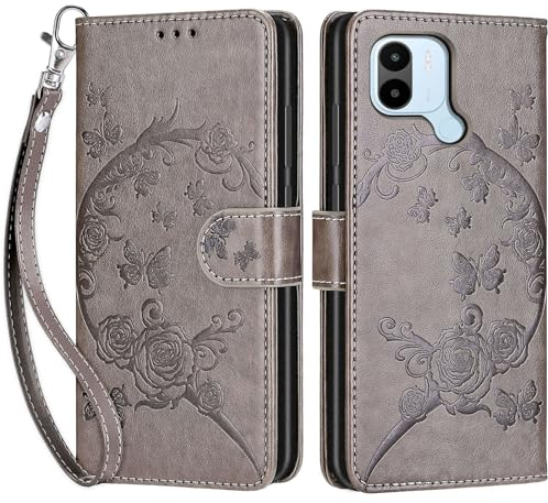 Handyhülle für Xiaomi Redmi A1 / Redmi A2 Hülle, Premium PU Leder Flipcase Schutzhülle Klapphülle mit Kartenschlitz und Faltbare Brieftasche Hülle für Redmi A1+ / A2+ / Xiaomi Poco C50 - grau