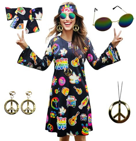 MRYUWB Damen-Hippie-Kleid, 1970er-Kostüm, mit Halskette, Ohrringen, Sonnenbrille, Disco-Outfit, 1960er-Party-Kostüm, Halloween Retro-Kleid (Schwarz, XXL)