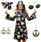 MRYUWB Damen-Hippie-Kleid, 1970er-Kostüm, mit Halskette, Ohrringen, Sonnenbrille, Disco-Outfit, 1960er-Party-Kostüm, Halloween Retro-Kleid (Schwarz, XXL)