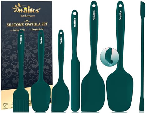Walfos Silicone Spatula Set of 7 - (600°F) High Heat Resistant Dark Green Kitchen Scraper Spatulas, One-Pieces Seamless Design, Perfect for Cooking Mixing & Baking - BPA Free and Dishwasher Safe