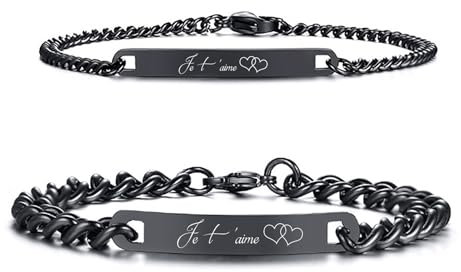 XUANPAI Bracelet Personnalisé Couple - Cadeau Amoureux, Soeurs, Amis, Famille pour Saint Valentin, Anniversaire, Noël (Noir - Je T'aime)