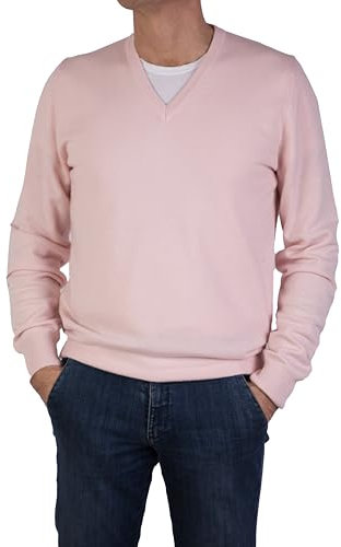 Marenza Col en V pour Homme à Manches Longues en Cachemire en Soie fabriquée en Italie, Rose, XL