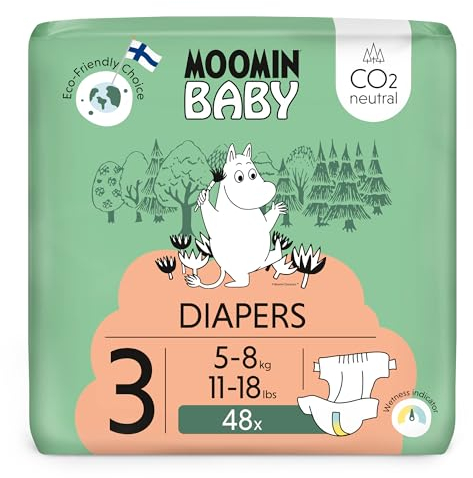 Moomin Baby Öko Windeln Größe 3, 5-8 kg 48 Stück, Weiche Premium Windeln | Weich und hautfreundlich, Atmungsaktiv, Saugfähig, Keine unnötigen Chemikalien |