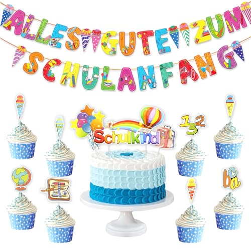 Xionghonglong Tortendeko Einschulung Mit Alles Gute Zum Schulanfang Banner, Torten Topper für Junge Mädchen Erster Schultag, Schulanfang-Partydekorationen Kuchen