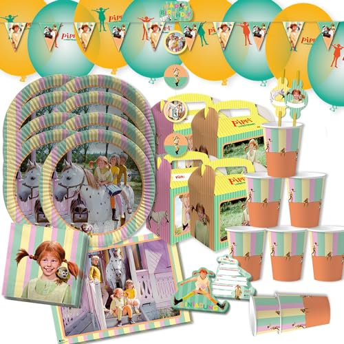 Krause & Sohn Party-Set Kindergeburtstag viele Teile Geschirr Geburtstag Dekoration Geburtstagstisch (Pippi Langstrumpf XXL)