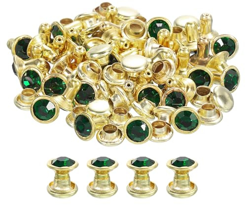 QUARKZMAN 50 Piezas Remaches de Doble Tapa de Metal con Estrás de Cristal | Dorados Verdes, 6mm/0.24, para Artesanía en Cuero Hacer Bolsos y Ropa, Remaches de Estrás