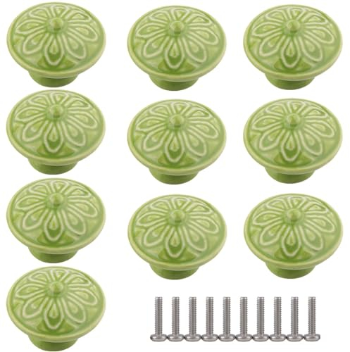 ZESLIV 10 Stk Möbelknöpfe Möbelgriffe aus Keramik Schubladenknopf Schranktürknöpfe, 40mm Möbelknopf Kinderzimmer Möbelknauf, Grün