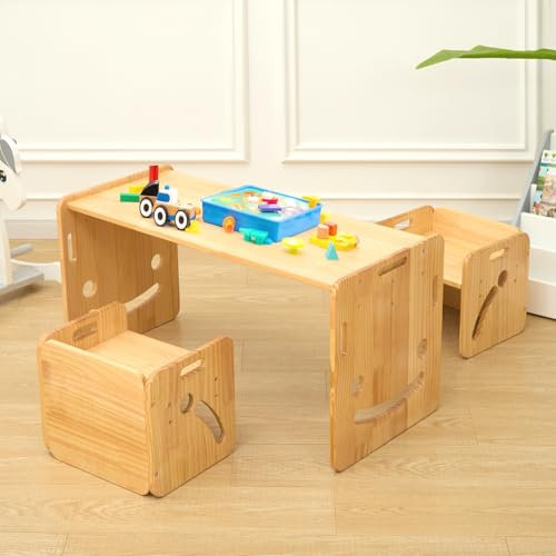 FUNLIO Montessori Höhenverstellbares kindertisch mit 2 stühlen für 1-3 Jährige, hochwertiger Massivholz Kinder Tisch Stuhl Set, zum Lesen/Essen/Spielen, einfach aufzubauen - Langer Tisch