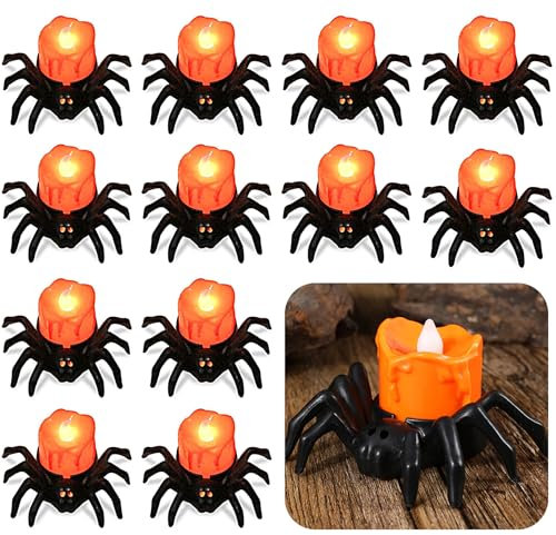 Halloween Deko Kerzen Flammenlose,12 Stück Halloween Deko Licht Batteriebetriebene,LED Kerzen Teelichter,LED Spinnen Halloween Kerzen Licht,LED Teelichter,Spinne Nachtlicht für Halloween Dekorationen