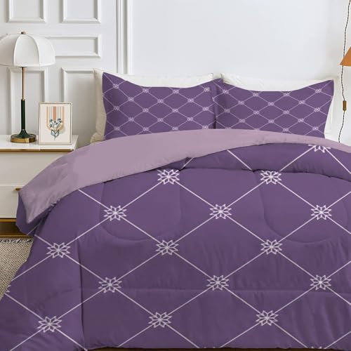 Qiwagu Couette 4 Saisons 240x260 cm Violet, Couette Imprimée GéOméTrie pour lit 2 Personnes, Couette Réversible sans Housse, Lavable en Machine, Couette Légère 200GSM avec 2 Taies d'oreiller