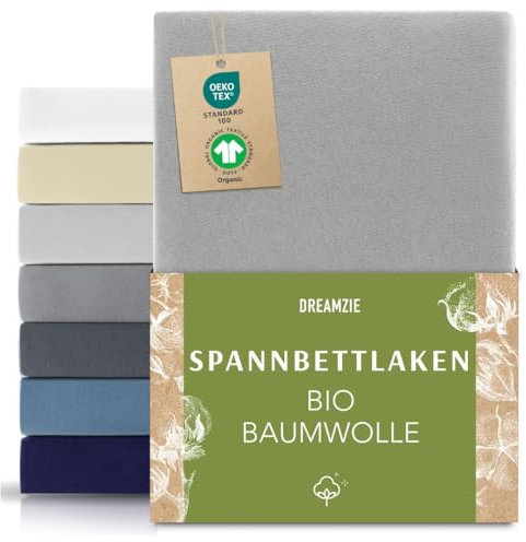 Dreamzie Premium Spannbettlaken 140x200cm bis 160x200cm Grau, Spannbetttuch aus 100% Jersey Biobaumwolle, 150 g/m² - Oeko-TEX