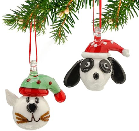 HDCRYSTALGIFTS Blown Glass Christmas Cat and Dog With Hats Ornaments, Set of 2, Cute Christmas Pendants, XMAS Tree Decor for Home Party Gifts