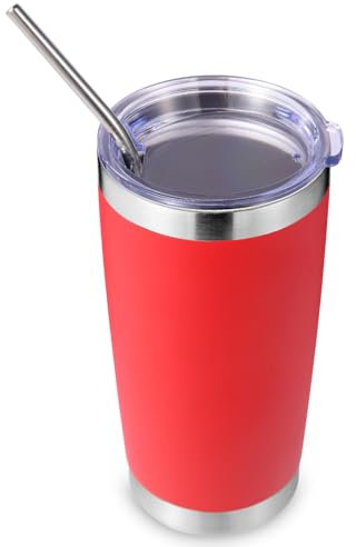 Volhoply 20oz 550ml Travel Insulated Tumbler with Lid and Straw, Double Wall Insulated Travel Iced Coffee Mug Fits Car Cup Holder,Powder Coated Cups for Hot & Cold Drinks, BPA Free(Red,1 Set)